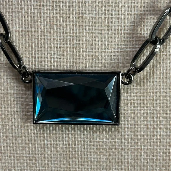 Lia Sophia Gunmetal Statement Necklace | Faceted Blue Pendant| Adjustable - Picture 2 of 4